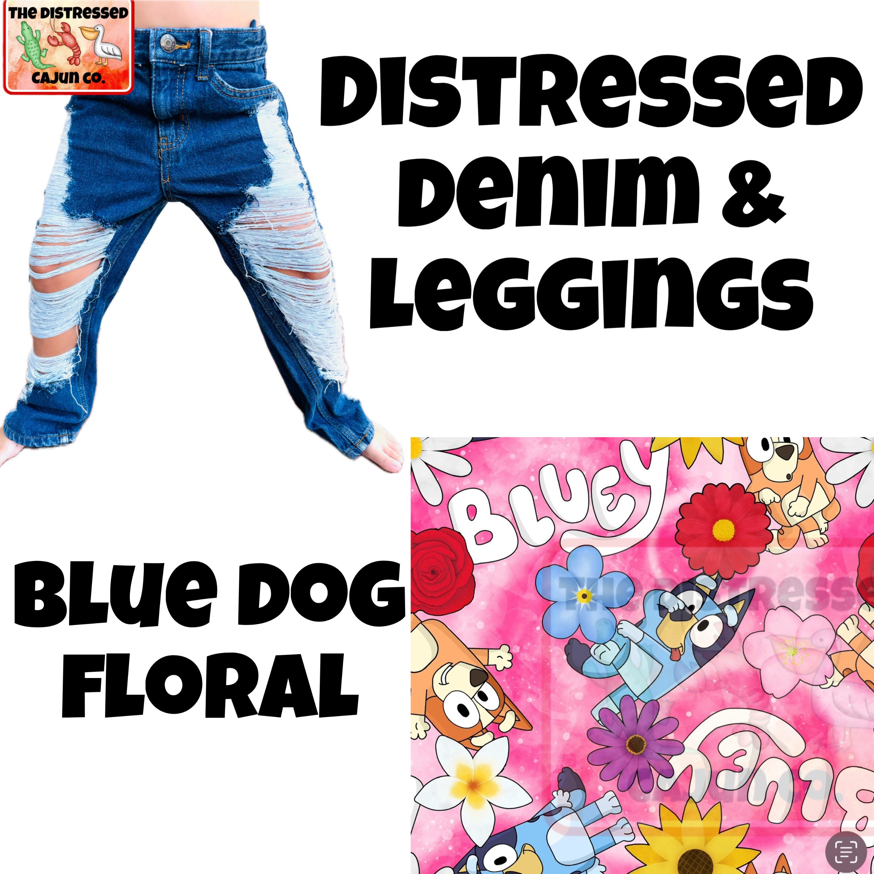 Blue Dog Floral Distressed Denim & Leggings