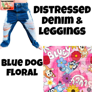 Blue Dog Floral Distressed Denim & Leggings