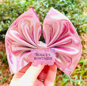 Pink Metallic bow/bow tie/headband/piggies/Scrunchie