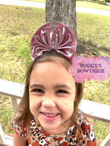 Pink Metallic bow/bow tie/headband/piggies/Scrunchie