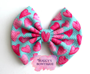 Pink and Teal bow/bow tie/headband/piggies/Scrunchie