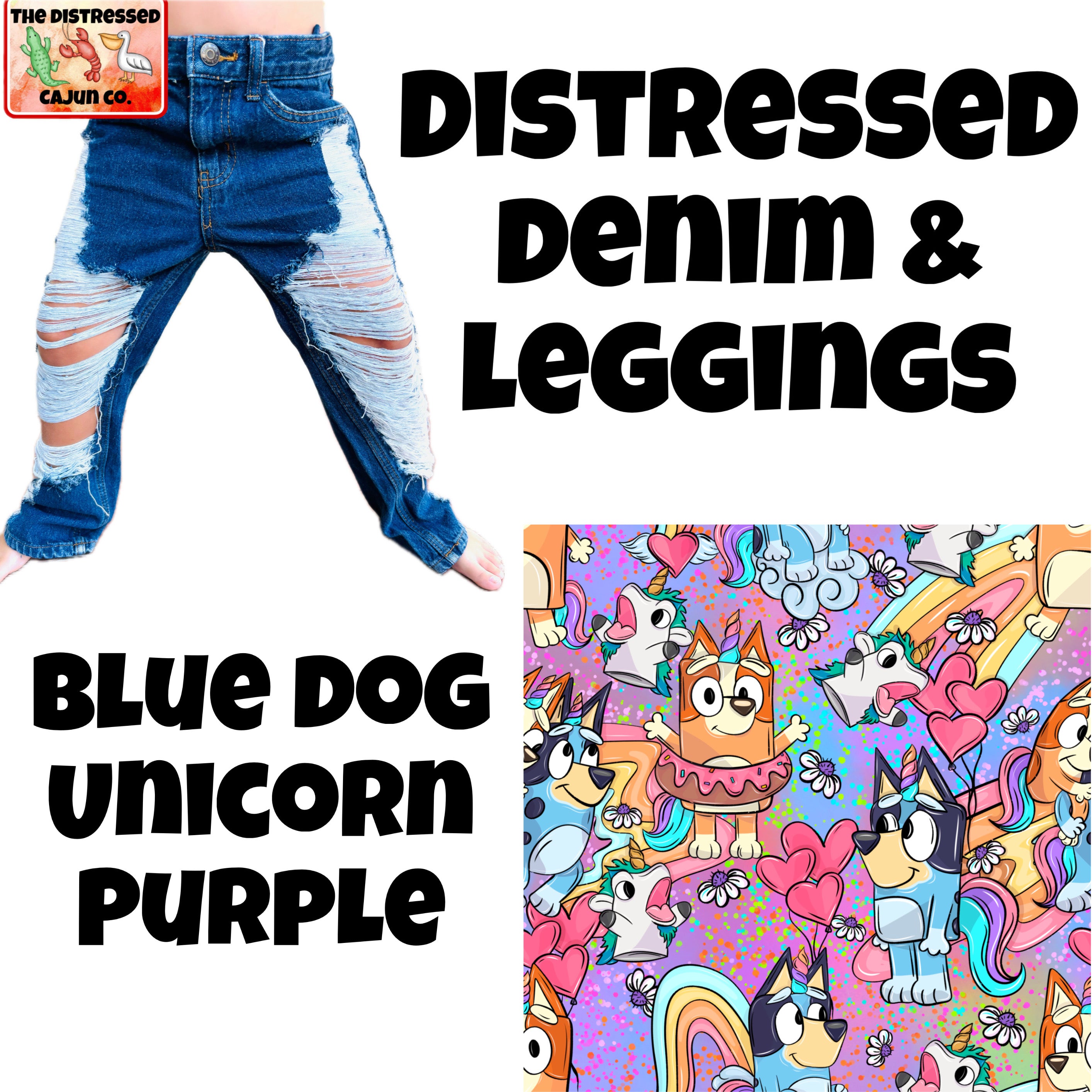Blue Dog Unicorn Purple Distressed Denim & Leggings