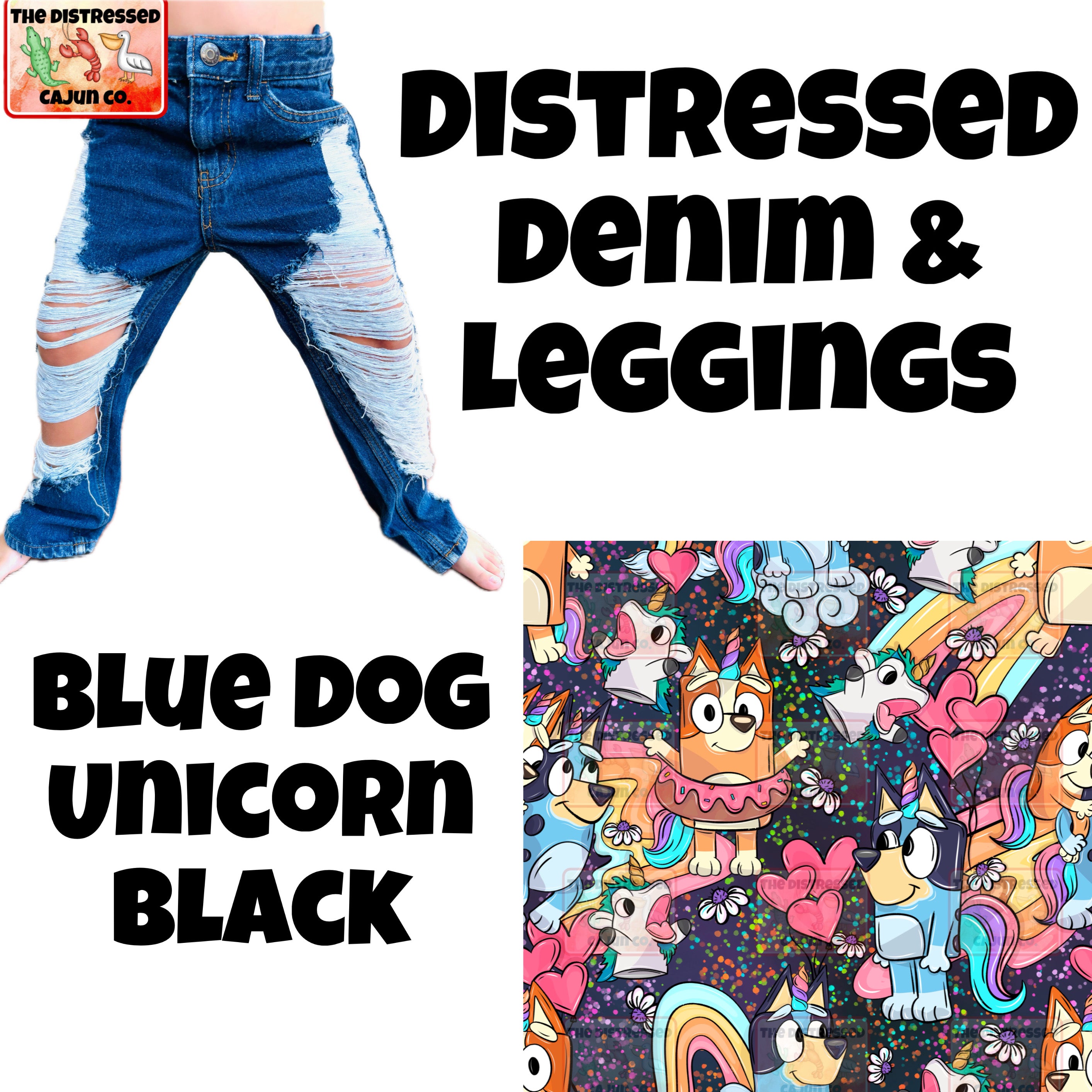 Blue Dog Unicorn Black Distressed Denim & Leggings