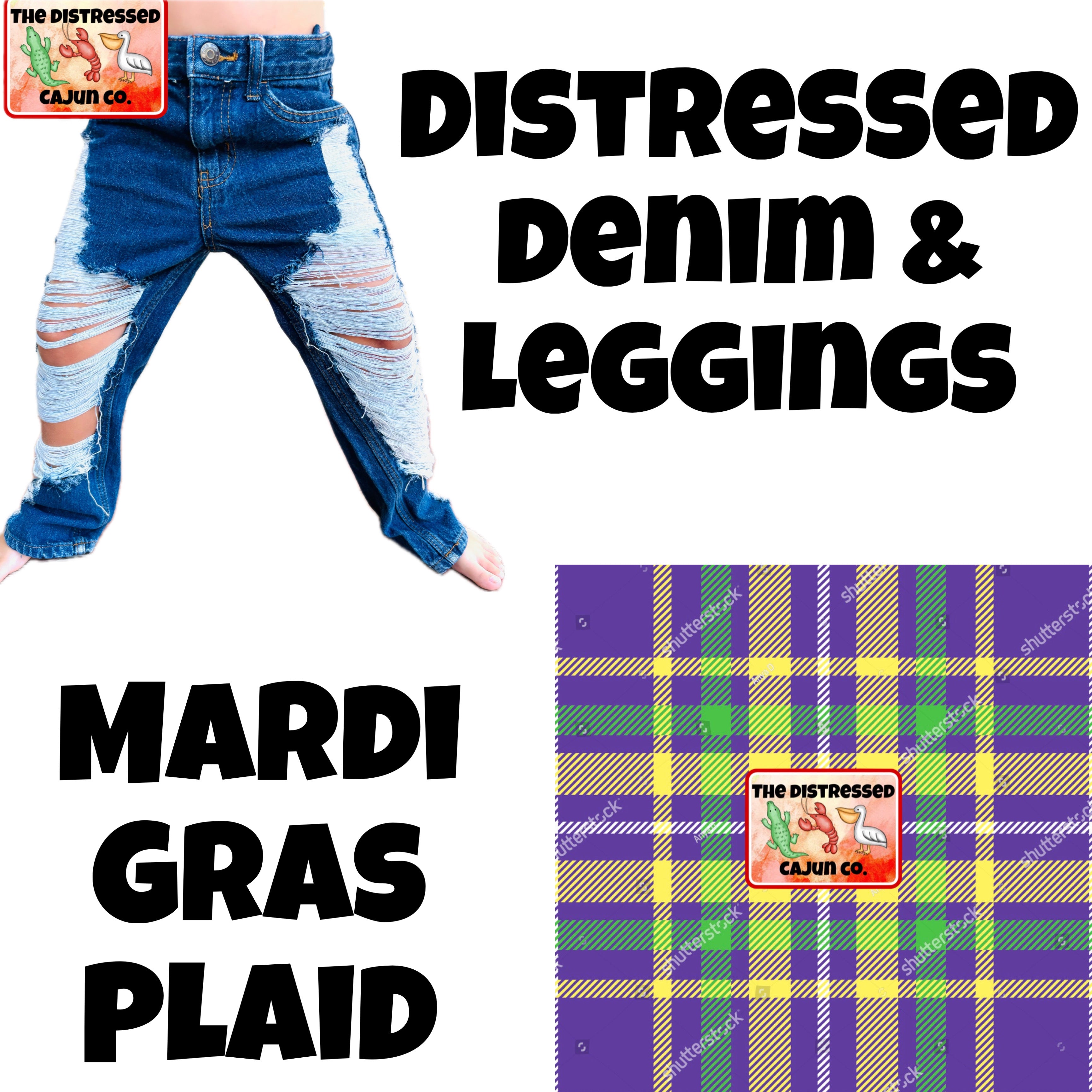 Mardi Gras Plaid Distressed Denim & Leggings- MATCHING ACCESSORIES AVAILABLE