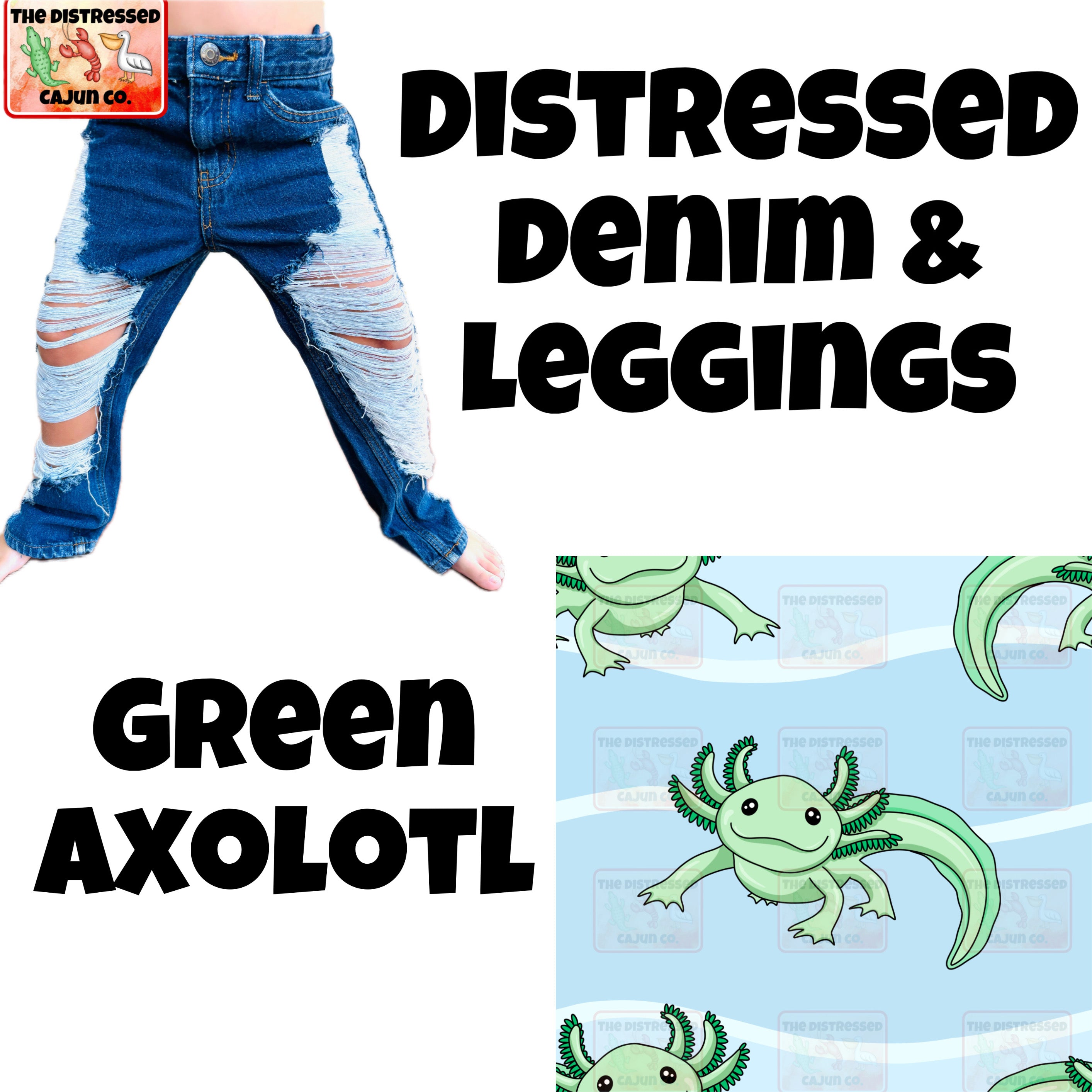 Green Axolotl Distressed Denim & Leggings