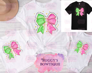 Pink and Green Coquette Bow Sublimation/ DTF/ BLEACHED Shirts, Onesies, Sweatshirts- MULTIPLE COLORS