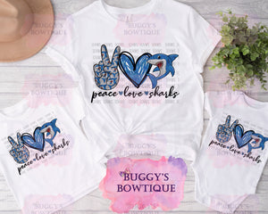 Peace Love Sharks Sublimation/ DTF/ BLEACHED Shirts, Onesies, Sweatshirts- MULTIPLE COLORS