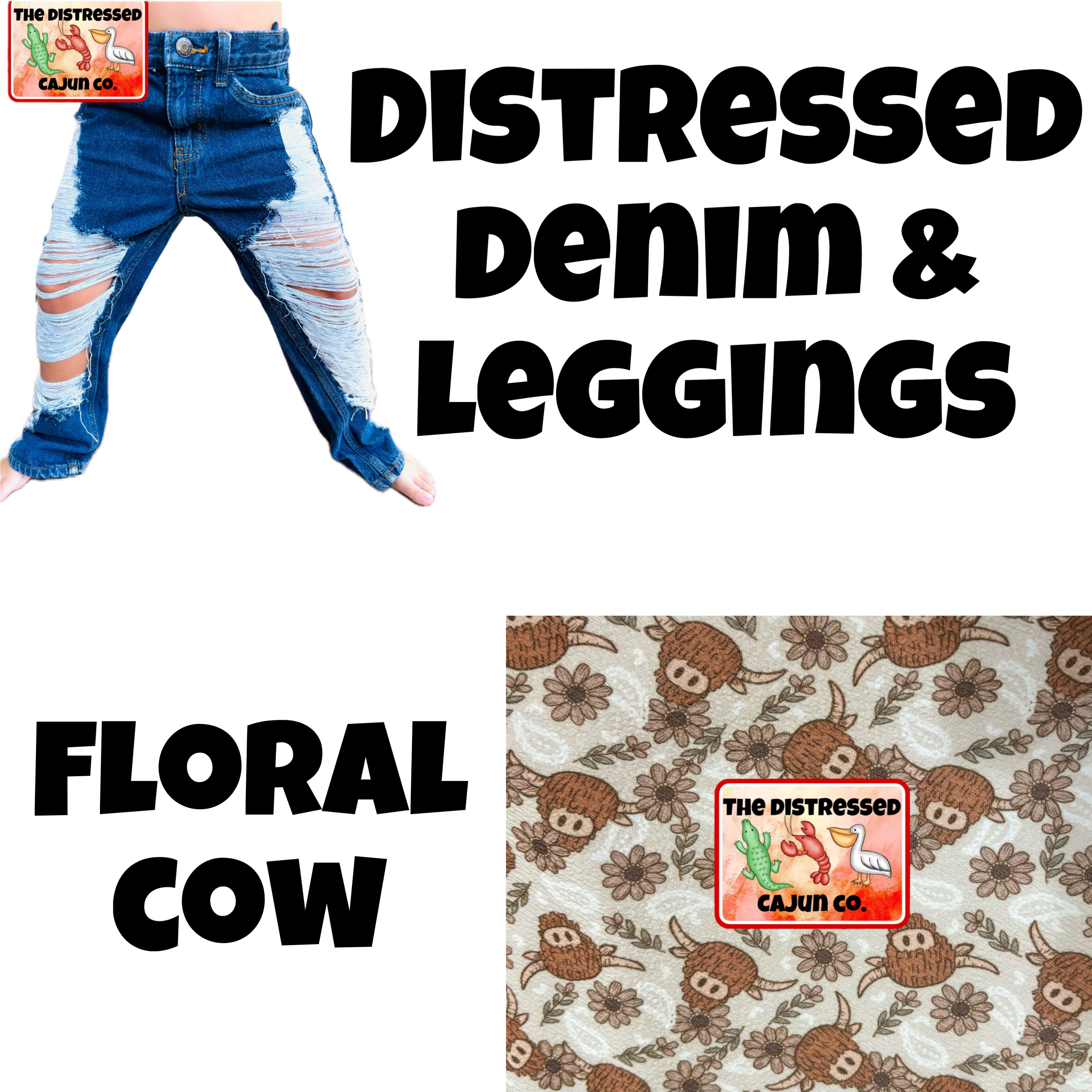 Floral Cow Distressed Denim & Leggings