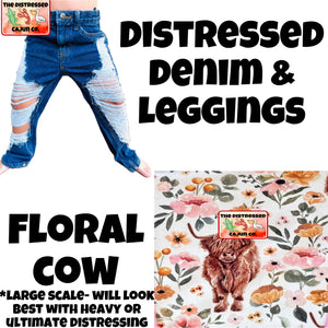 Floral Cow Distressed Denim & Leggings