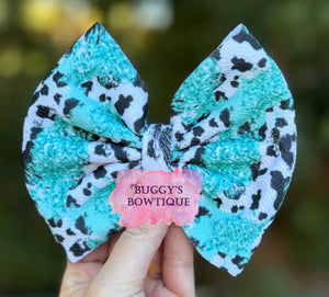 Turquoise Cow bow/ bow tie/ headband/ piggies/ scrunchie