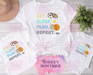 Eat Sleep Play Repeat Sublimation/ DTF/ BLEACHED Shirts, Onesies, Sweatshirts- MULTIPLE COLORS