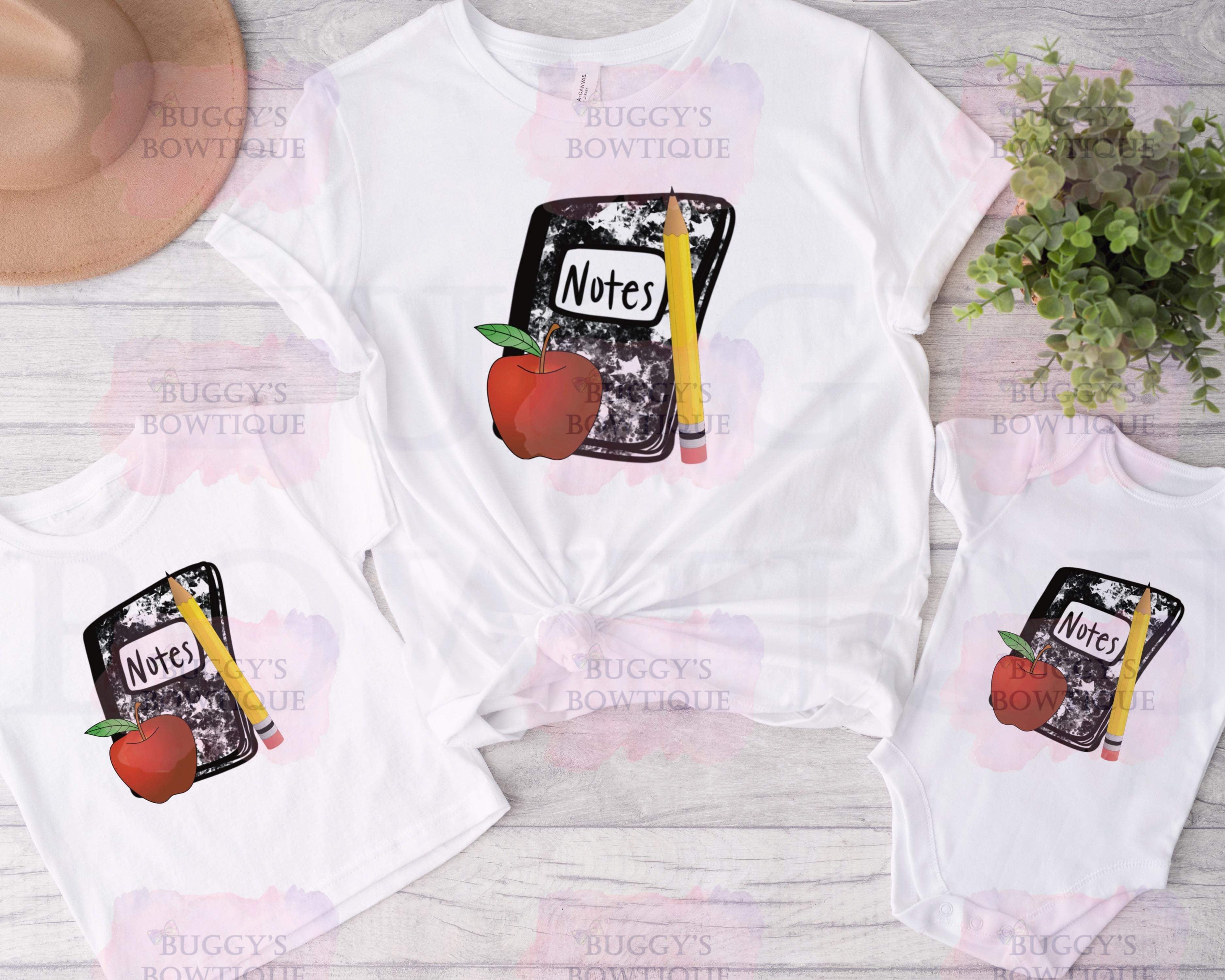 Notebook and Apple Sublimation/ DTF/ BLEACHED Shirts, Onesies, Sweatshirts- MULTIPLE COLORS