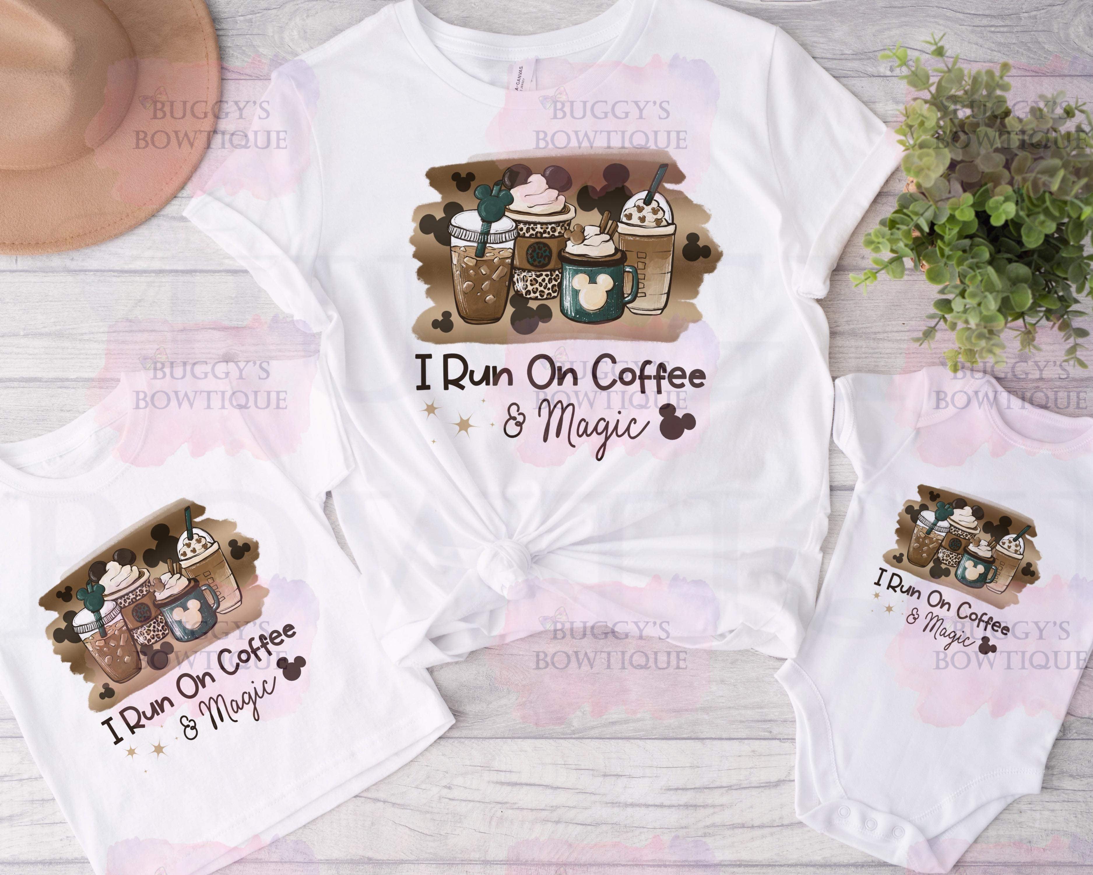 I run on coffee and magic Sublimation/ DTF/ BLEACHED Shirts, Onesies, Sweatshirts- MULTIPLE COLORS