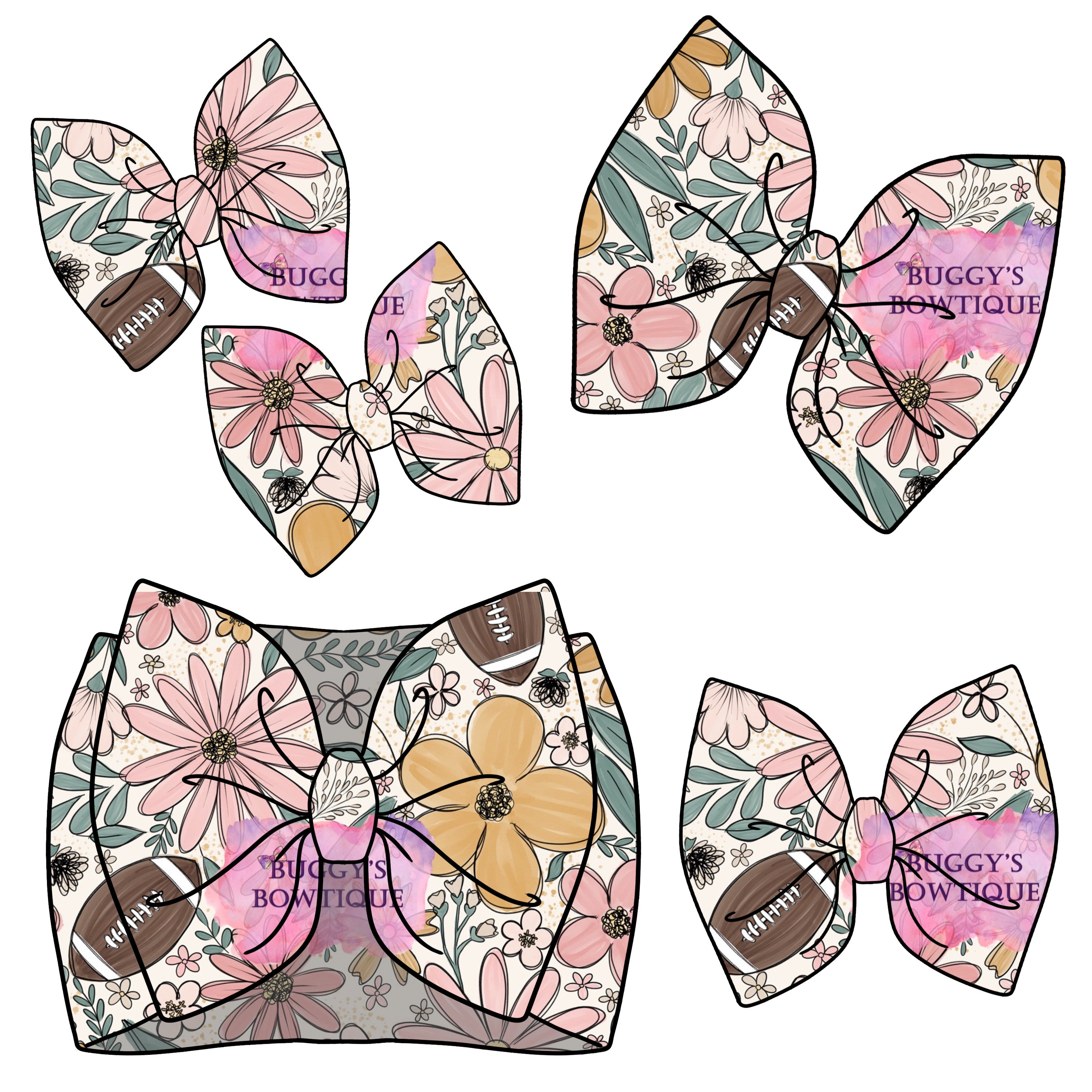 Pink Floral Football bow/ bow tie/ headband/ piggies/ scrunchie
