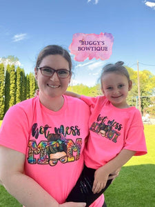 Hot Mess Mom/ Mini Sublimation/ DTF/ BLEACHED Shirts, Onesies, Sweatshirts- MULTIPLE COLORS