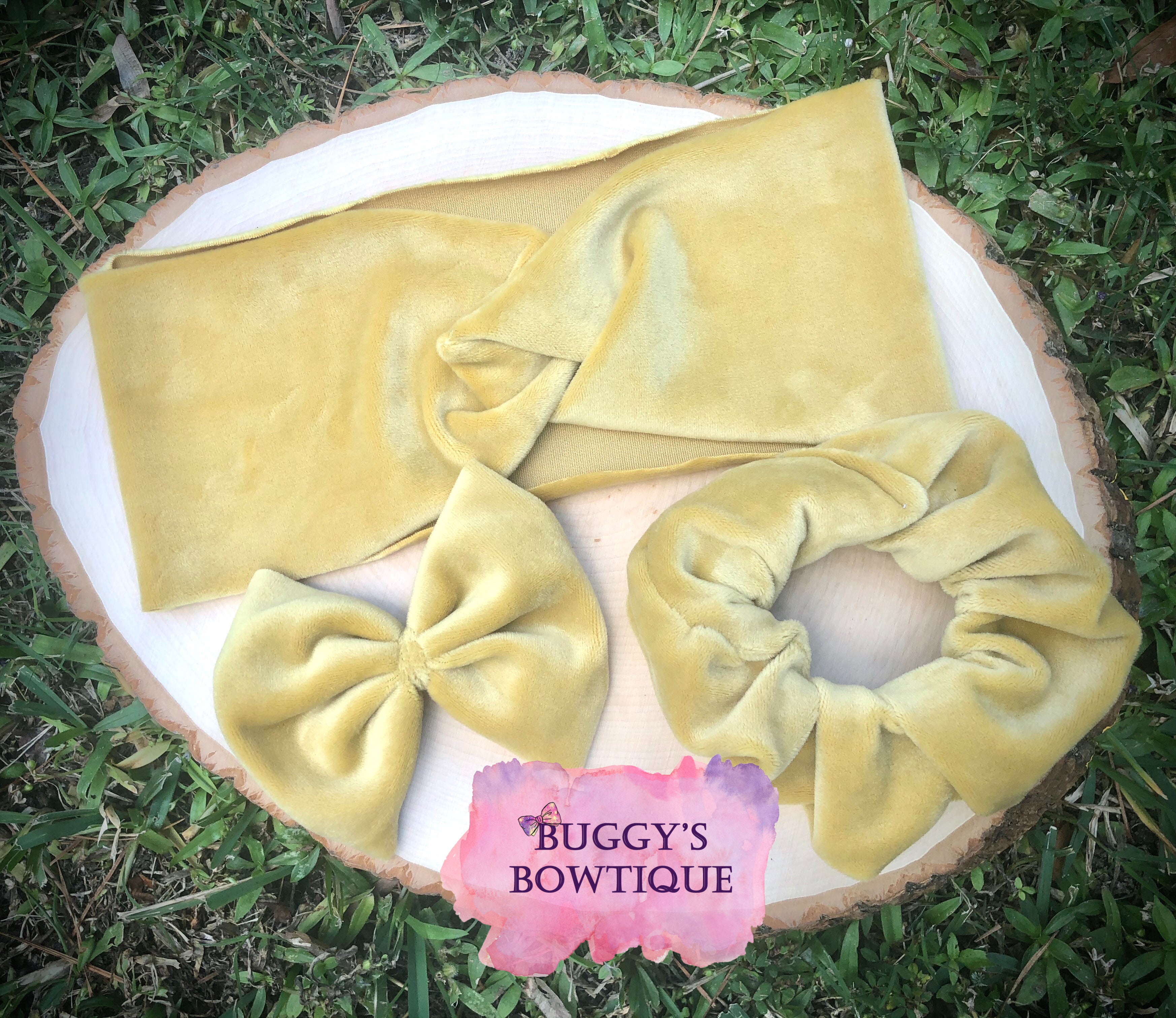 Gold solid velvet bow/bow tie/headband/scrunchie